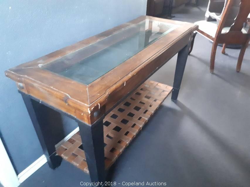 Glass Top Wood Sofa Table With Leather Bottom Online Auctions
